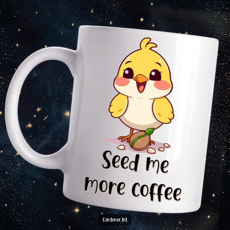 Funny bird mug featuring a delighted character planting a seed with its beak, symbolizing growth and happiness.