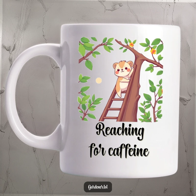 Funny determined animal character climbing a ladder to reach high branches, motivational gardening mug, adventurous spirit.