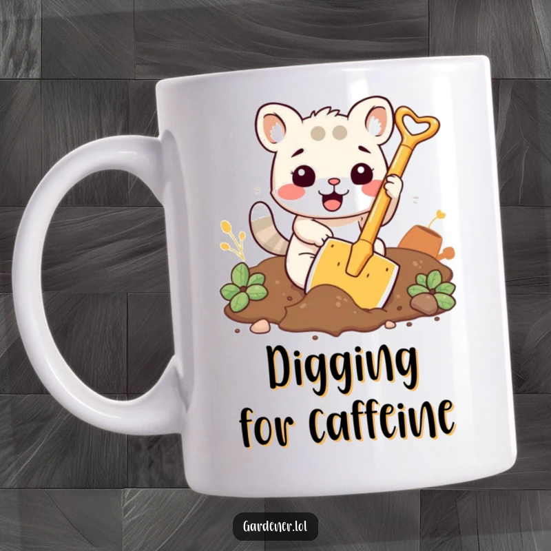 Funny mug featuring a kawaii animal character enthusiastically digging soil with a comically large shovel.