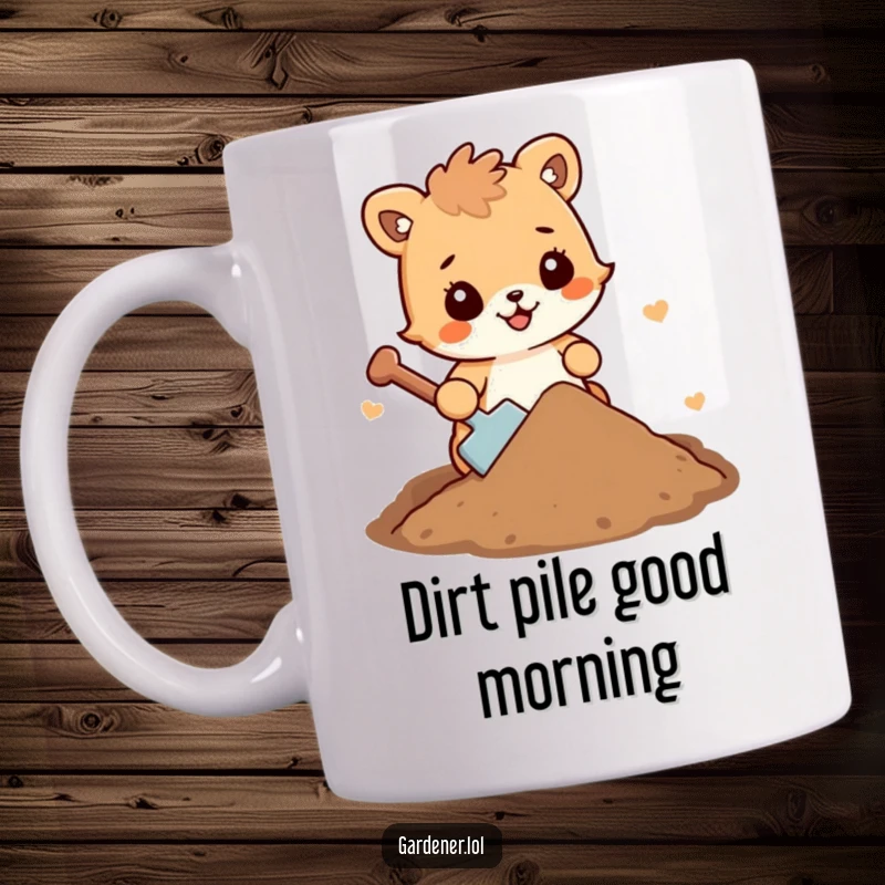 Funny animal character mug joyfully shoveling a small mound of cheerful dirt, perfect for gifting.