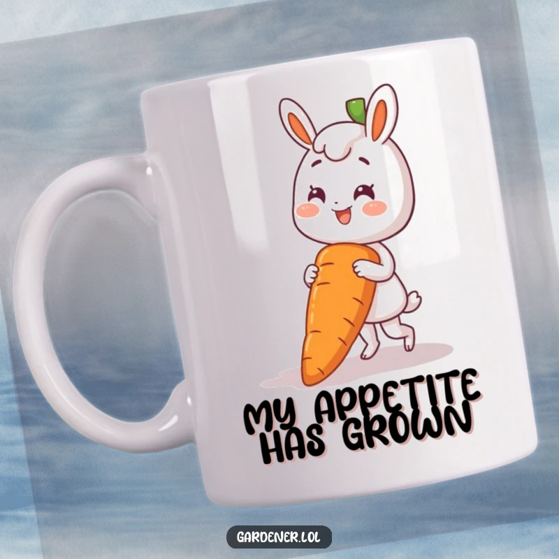 Funny mug showing a happy character triumphantly pulling an enormous carrot from the earth.