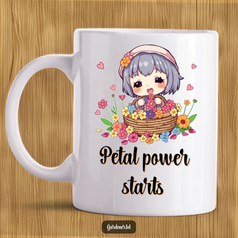 Funny mug featuring a character excitedly collecting colorful flower petals in a basket, enjoying nature's beauty.