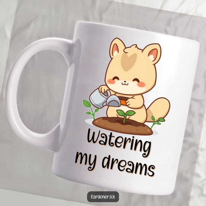 Funny mug: A cute animal gardener with a happy expression carefully waters a tiny, new sprout, symbolizing growth and care.