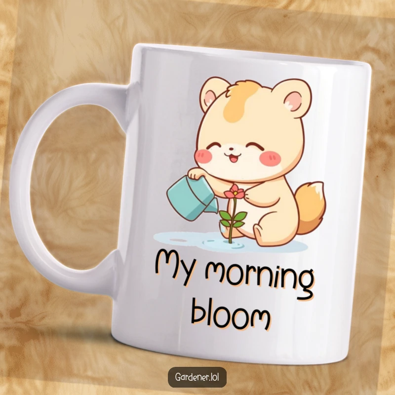 Funny Mug featuring a cute animal character joyfully watering a tiny, smiling flower sprout, symbolizing growth, happiness, and gentle humor.