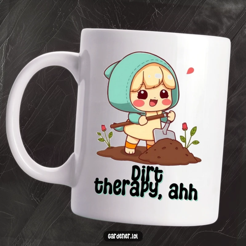 Funny Mug: A character happily sighs while using a trowel to scoop soil, representing the peaceful joy of gardening.