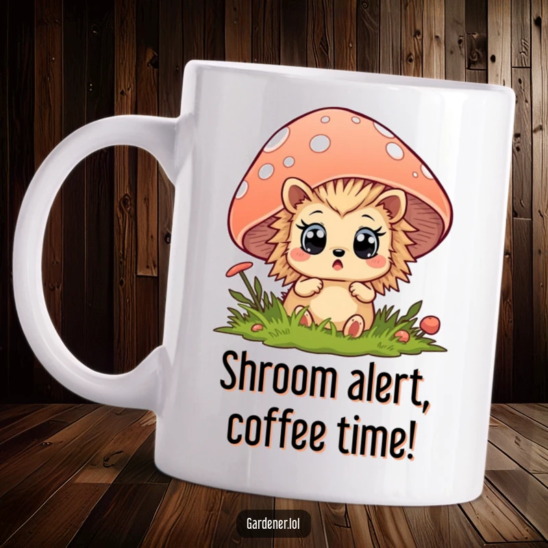 Funny hedgehog mug featuring a surprised woodland creature peeking from behind a giant mushroom, expressing shock and delight.