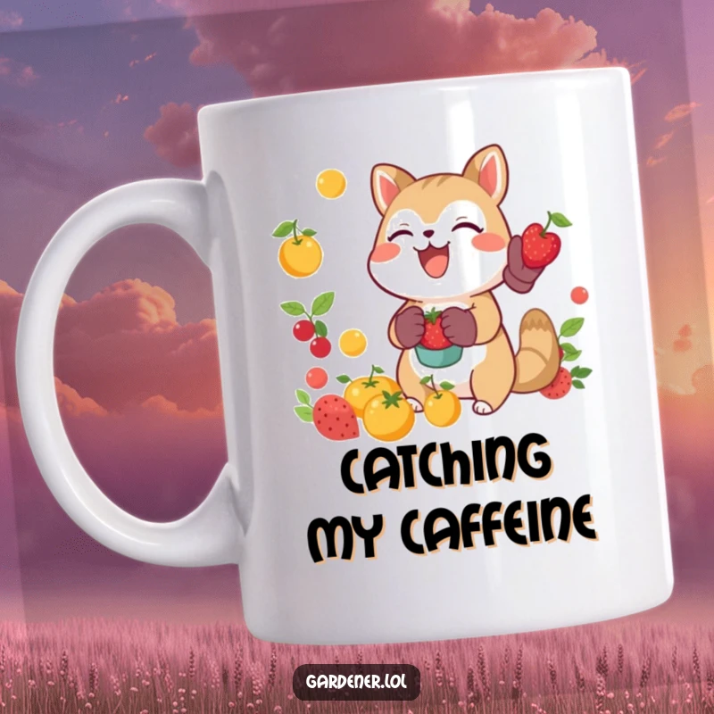 Funny joyful animal character catching falling fruit with gardening gloves, whimsical harvest mug, playful nature scene.
