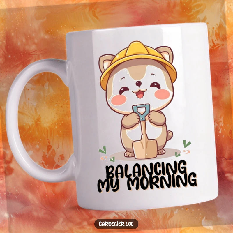 Funny mug showing a cheerful character skillfully balancing a small shovel on the tip of its nose.