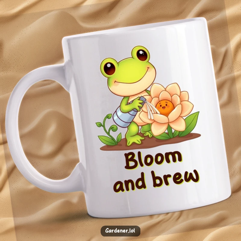 Funny Kawaii Frog Mug: Happy frog gardener waters a giant smiling flower, depicting joy, nature, and cuteness, a perfect humorous gift for gardeners.