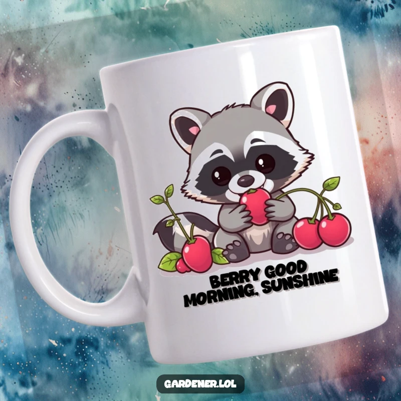 Funny Kawaii raccoon gardener mug, a mischievous character attempting to sneak a ripe berry, perfect for a hilarious gift.