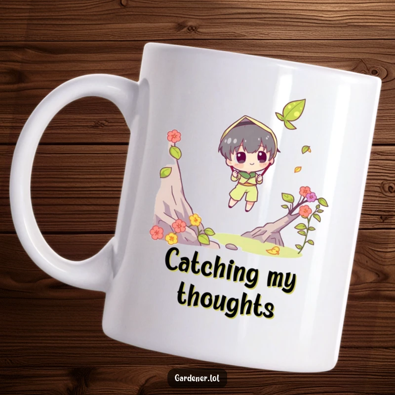 Funny mug showing a character comically attempting to catch a falling leaf with a butterfly net. A humorous autumn-themed gift.