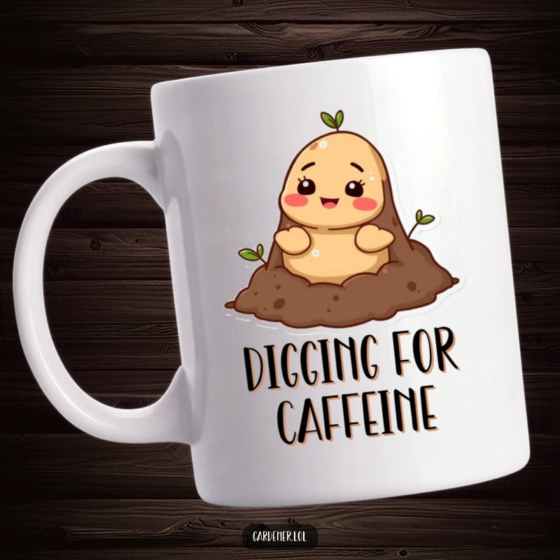 Funny mole soil mug, a cheerful cartoon mole character popping its head out of rich, dark soil, with a friendly and curious expression.
