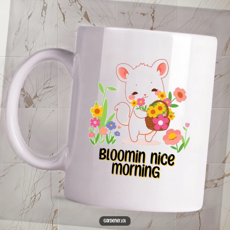 Funny mug with a cute animal character happily collecting vibrant flowers in a basket, embodying a cheerful garden activity.
