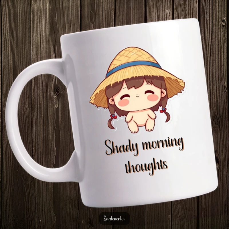 Funny mug featuring a character wearing a straw hat that is slightly too big, looking charmingly awkward.