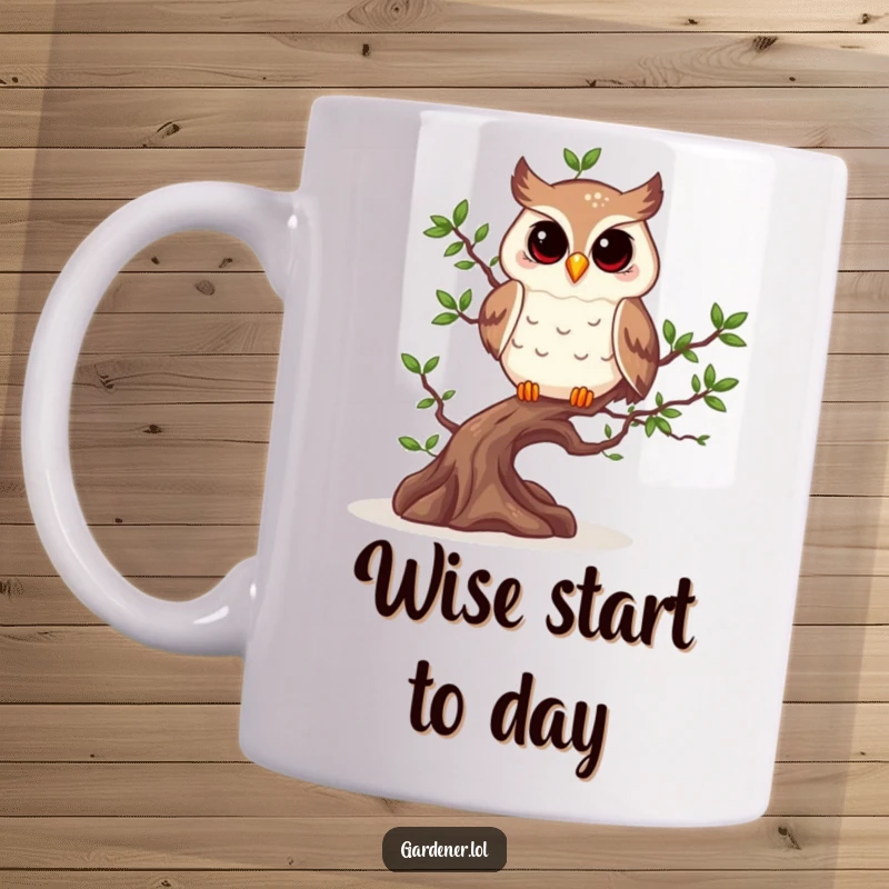 Funny, wise owl with spectacles pruning a tiny bonsai tree with shears on a funny mug.