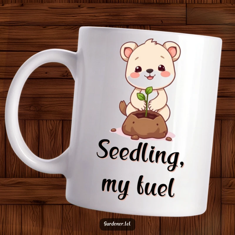 Funny animal character mug gently planting a smiling seed, symbolizing growth and humor.