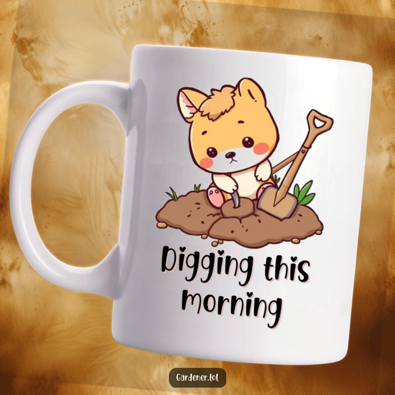 Funny playful animal character digging in rich soil with a tiny shovel, cute gardening mug, humorous outdoor scene.
