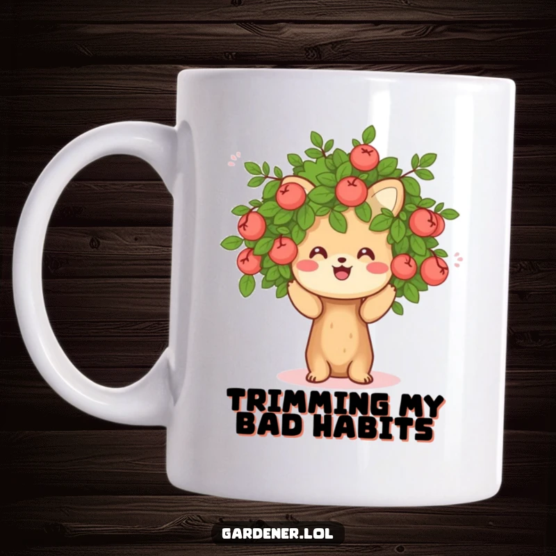 Funny mug with a cheerful animal character happily pruning a small, friendly bush, embodying gardening joy and humor.