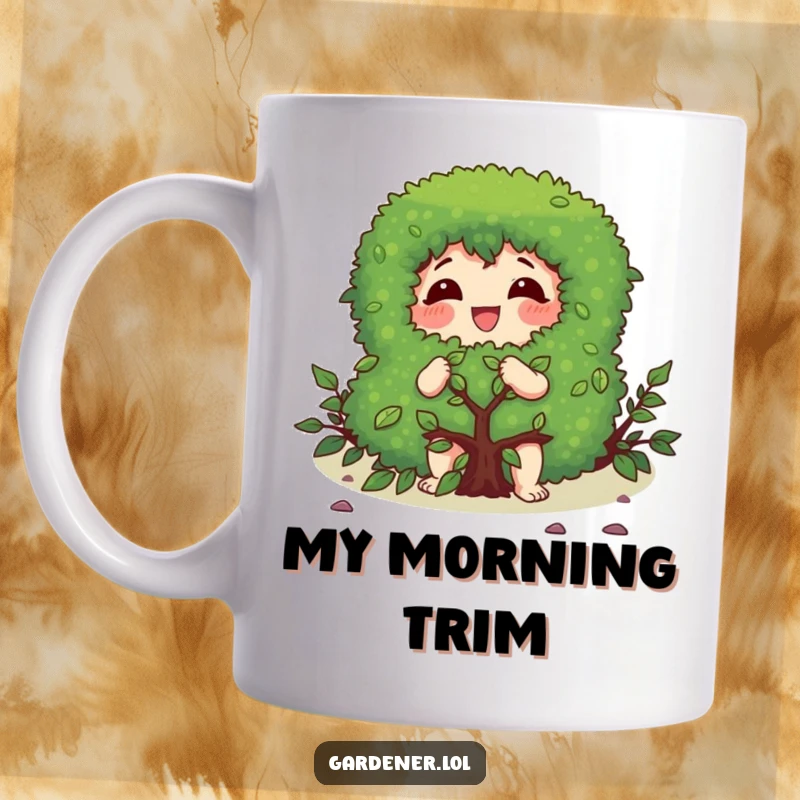 Funny mug showing a character gleefully pruning a bush with focus, embodying dedicated gardening and satisfaction.