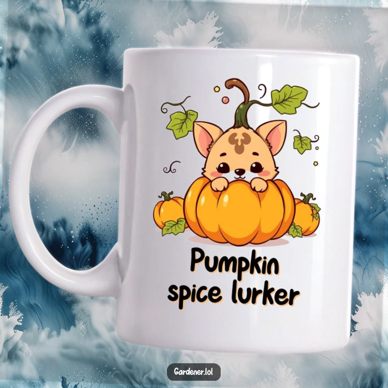Funny mug showing a mischievous animal character peeking from behind a large, festive pumpkin, celebrating Halloween and secrecy.