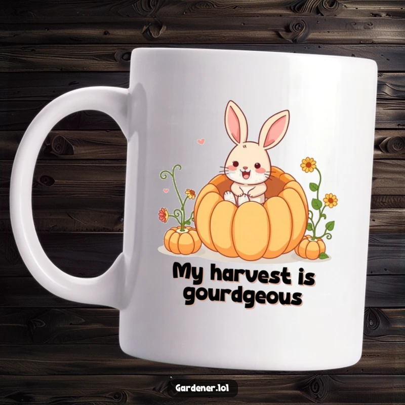 Funny Mug: A playful rabbit gardener joyfully hops headfirst into a giant, vibrant pumpkin, showcasing pure delight.