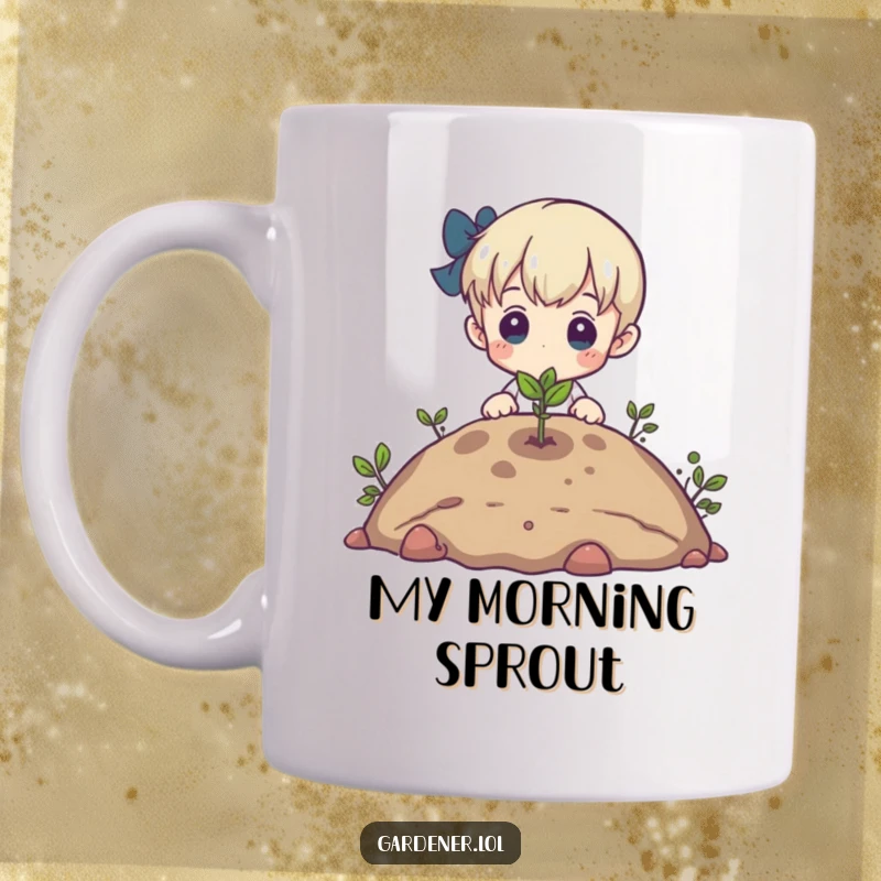 Funny mug showing a character admiring a tiny sprout emerging from the earth, embodying hope and gentle observation.
