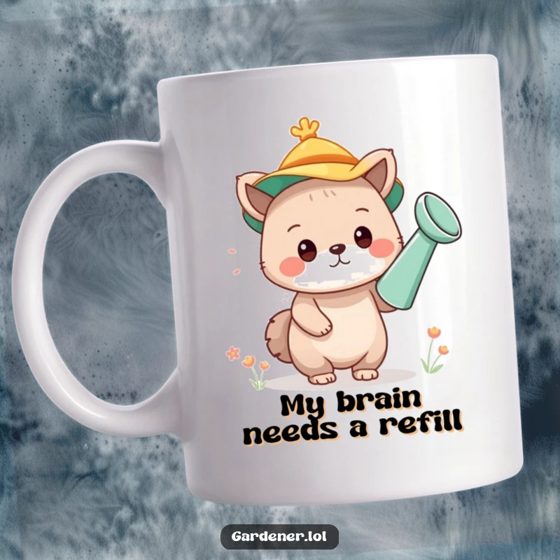 Funny mug with a cute animal character wearing a watering can as a quirky hat, looking absolutely adorable and charmingly funny.
