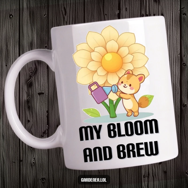 Funny Animal Gardener Mug: Cute joyful animal character happily watering a giant, vibrant flower with a watering can, celebrating nature, a funny gift.