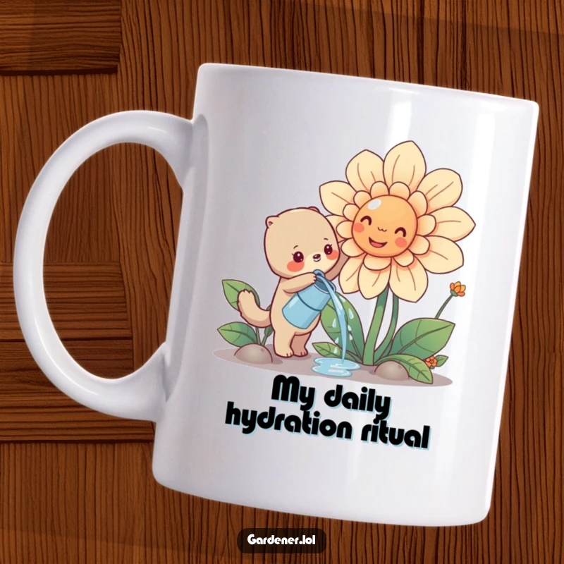 Funny cute animal character joyfully watering a giant, smiling sunflower, whimsical gardening scene mug.