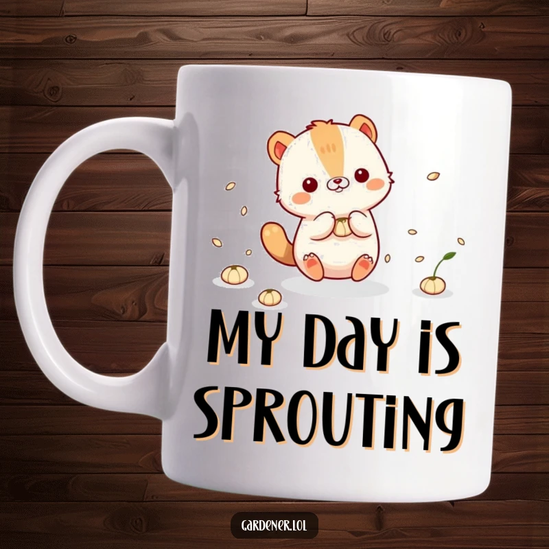 Funny Mug: Cute animal character playfully interacting with floating seeds, embodying a sense of wonder and joy.