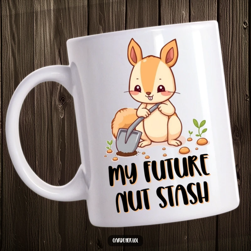 Funny squirrel with a tiny shovel happily planting seeds in a garden, perfect for a funny gift mug.