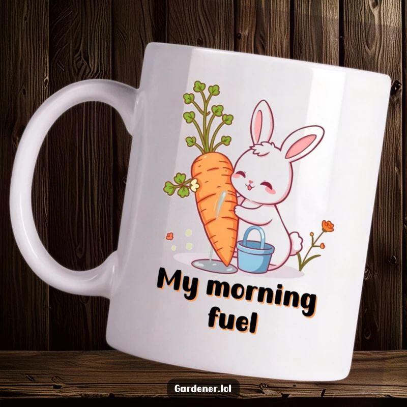 Funny cute bunny happily watering a giant carrot, conveying a joyful gardening scene and a love for nature.