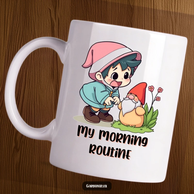 Funny mug featuring a character comically tripping over a garden gnome, looking startled and surprised. A humorous gift for clumsy people.