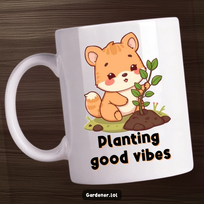 Funny mug depicting a cute animal character happily planting a small sapling, symbolizing growth and joy for nature lovers.