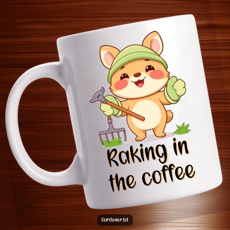 Funny Mug: A joyful animal character wears oversized gardening gloves and happily holds a rake, ready for garden fun.