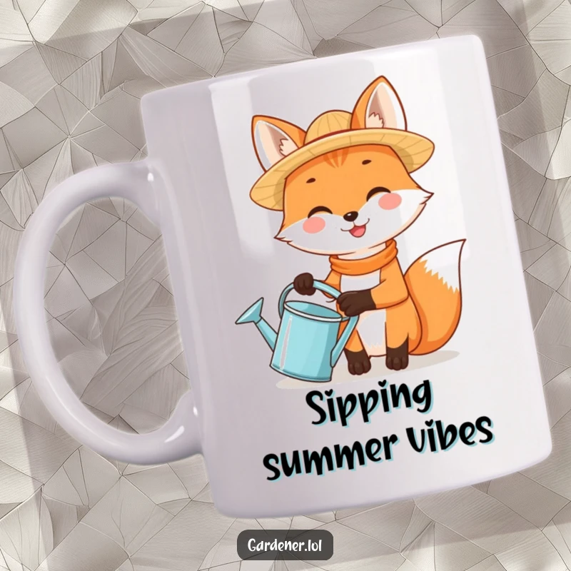 Funny fox wearing a straw hat, holding a watering can, smiling happily on a mug.