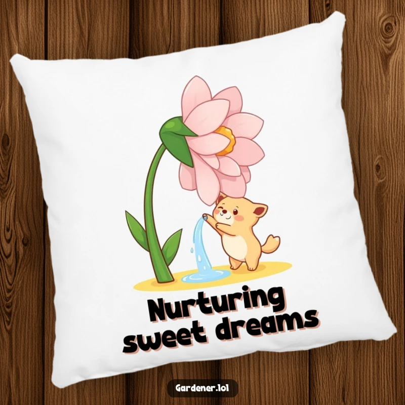 Funny pillow depicting a cute animal character joyfully watering a giant, dancing flower, for cozy garden-themed fun.