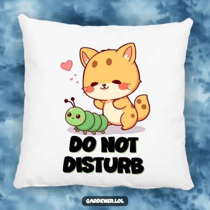 Funny throw pillow featuring a cute animal character playfully shooing away a cartoon caterpillar, a humorous and charming addition to any room.