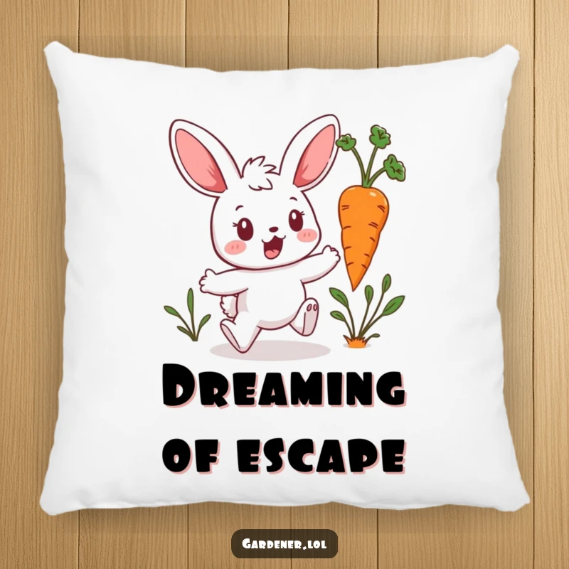 Funny Kawaii Bunny Pillow: Surprised bunny gardener hops from a rogue hopping carrot, offering cozy comfort and cute humor, a perfect funny gift.