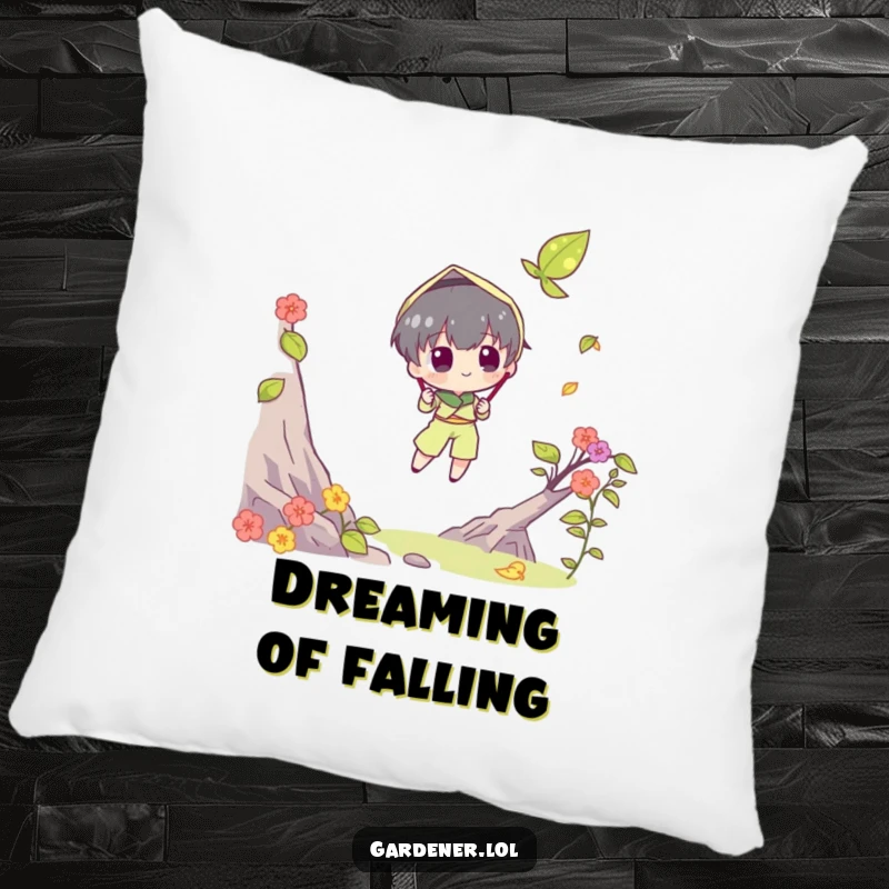 Funny pillow featuring a character trying to catch a falling leaf with a butterfly net. Cozy, humorous, and a perfect funny gift.