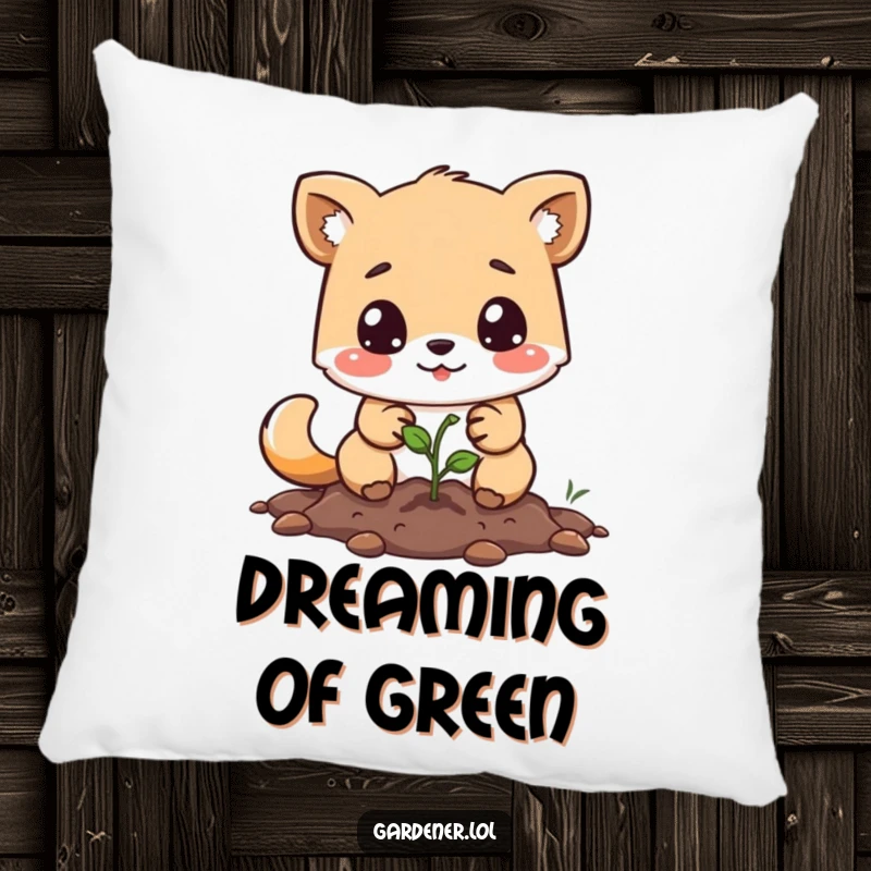 Funny pillow with a determined animal character happily planting a tiny seed, adding a touch of humor to any room.