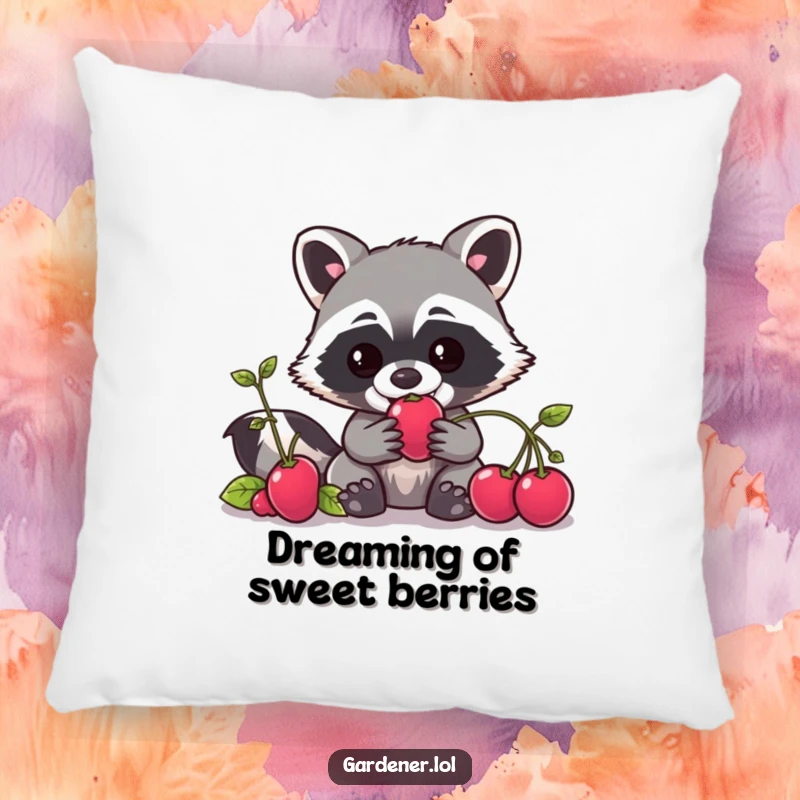 Funny Kawaii raccoon gardener pillow, a mischievous character attempting to steal a berry, soft and humorous decor.
