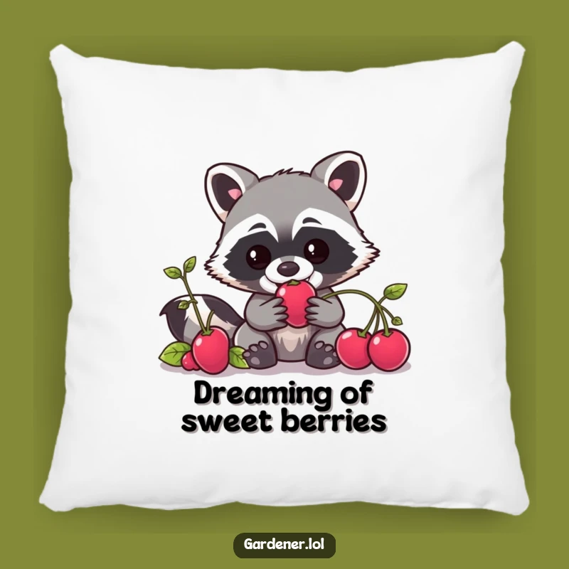 Funny Kawaii Raccoon Gardener Pillow, Mischievous Berry Accent Cushion, Cozy Gift