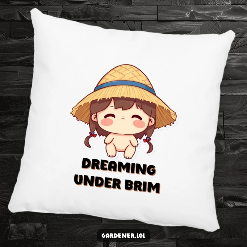 Funny pillow with a character wearing a straw hat that is a bit too large, perfect for lounging.