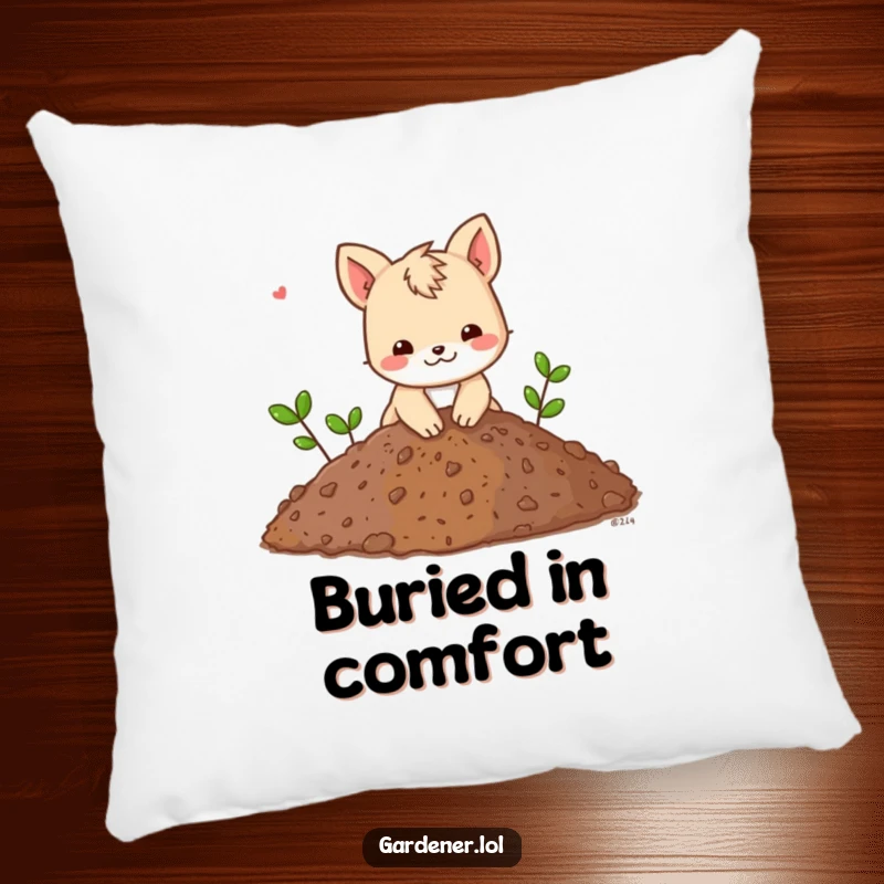 Funny pillow featuring an animal character playfully digging in a giant pile of soil, offering cozy comfort and industrious cheer.