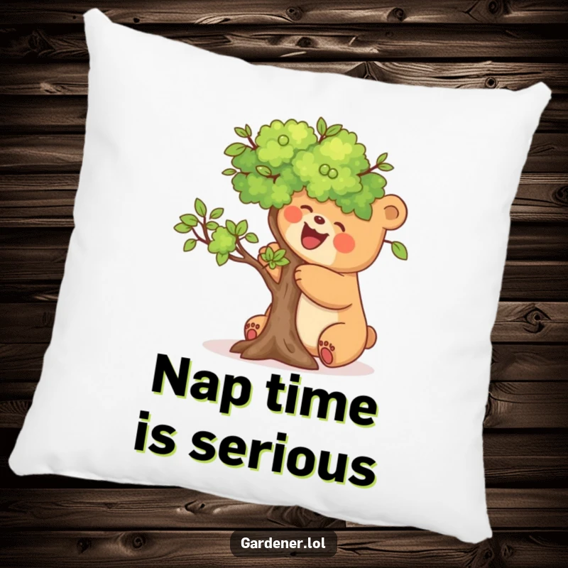 Funny pillow with a joyful bear carefully pruning a miniature tree, providing a soft and humorous decorative accent.