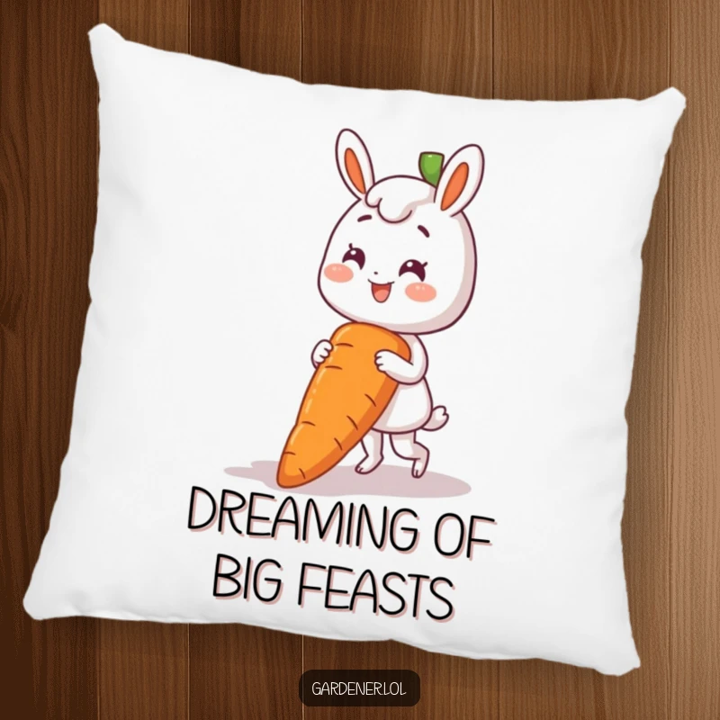 Funny pillow with a smiling character pulling an enormous carrot from the soil, garden-themed comfort.