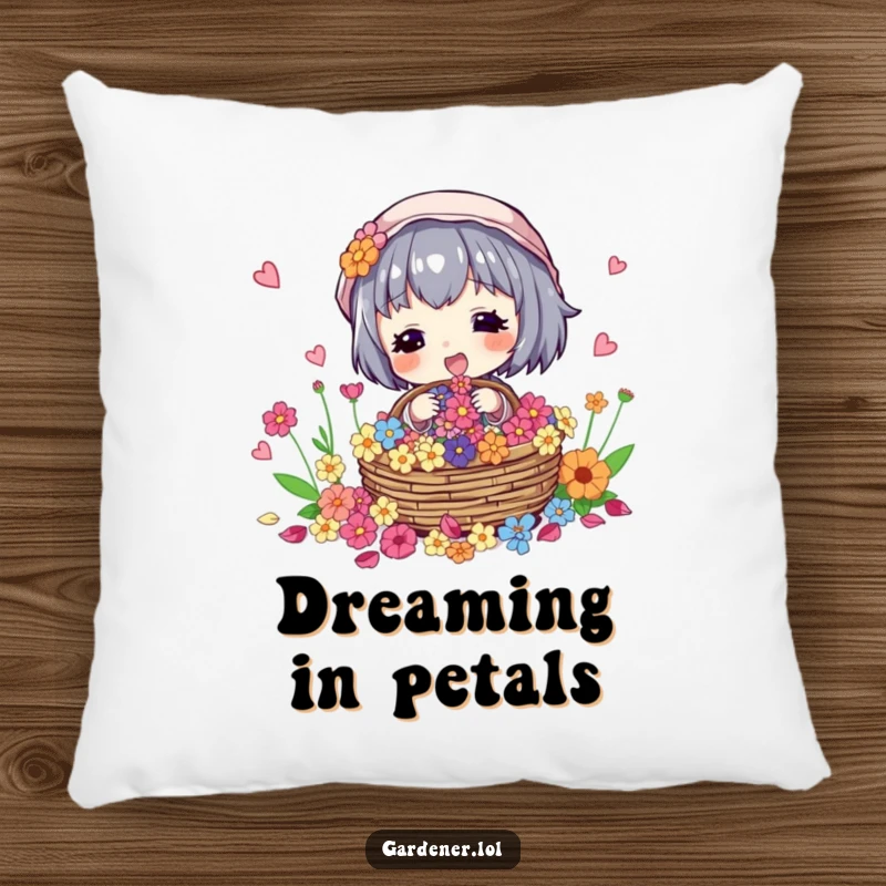 Funny pillow with a character excitedly gathering flower petals into a basket, perfect for lounging.