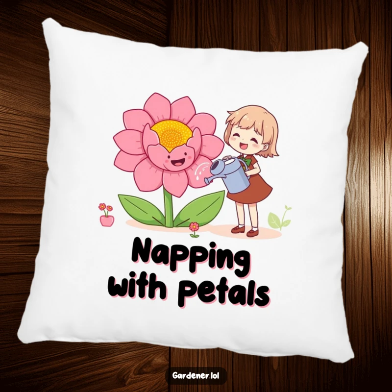 Funny pillow featuring a character joyfully watering a giant, smiling flower, perfect for cozying up with garden humor.