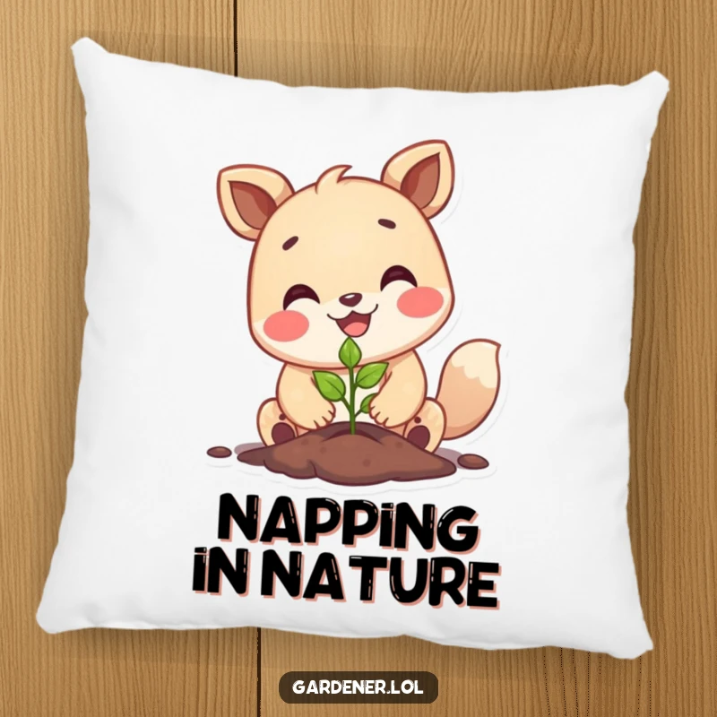 Funny happy animal planting a tiny seedling with a big smile, soft decorative pillow, whimsical garden accent.